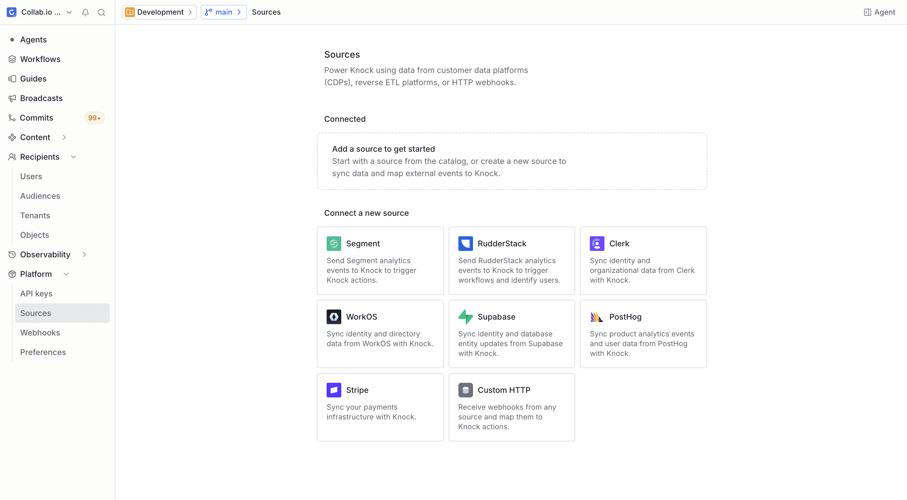 A screenshot of where to find the Platform - Sources page in the Knock dashboard